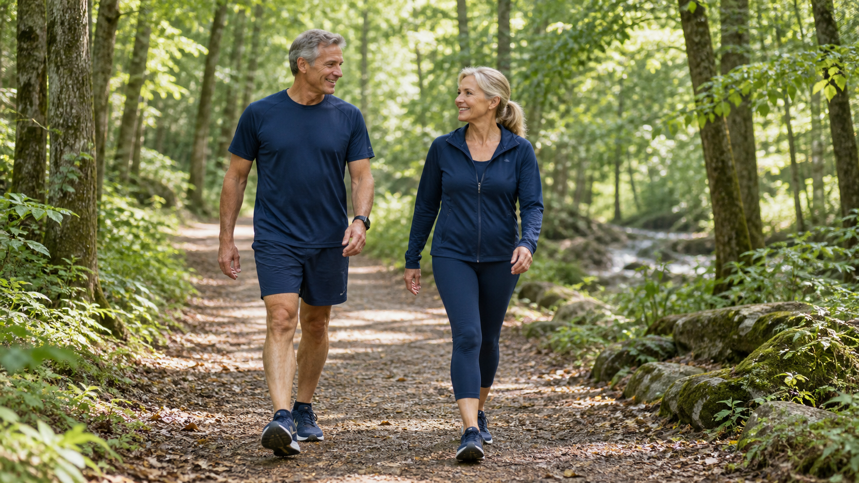 An active couple enjoying a walk on a wooded trail