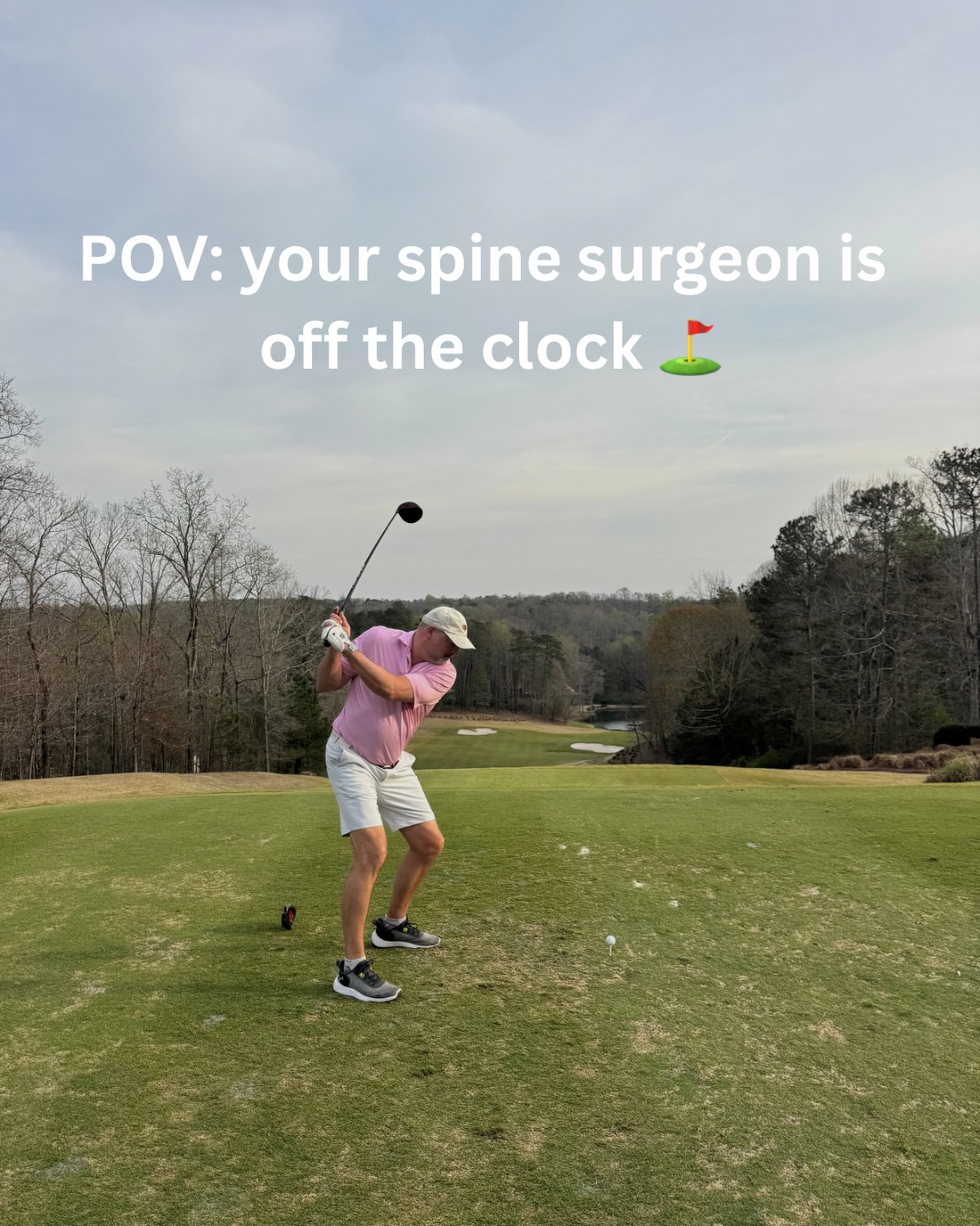 Dr. Prybis practicing his golf swing; his Instagram image reads: your spine surgeon is off the clock